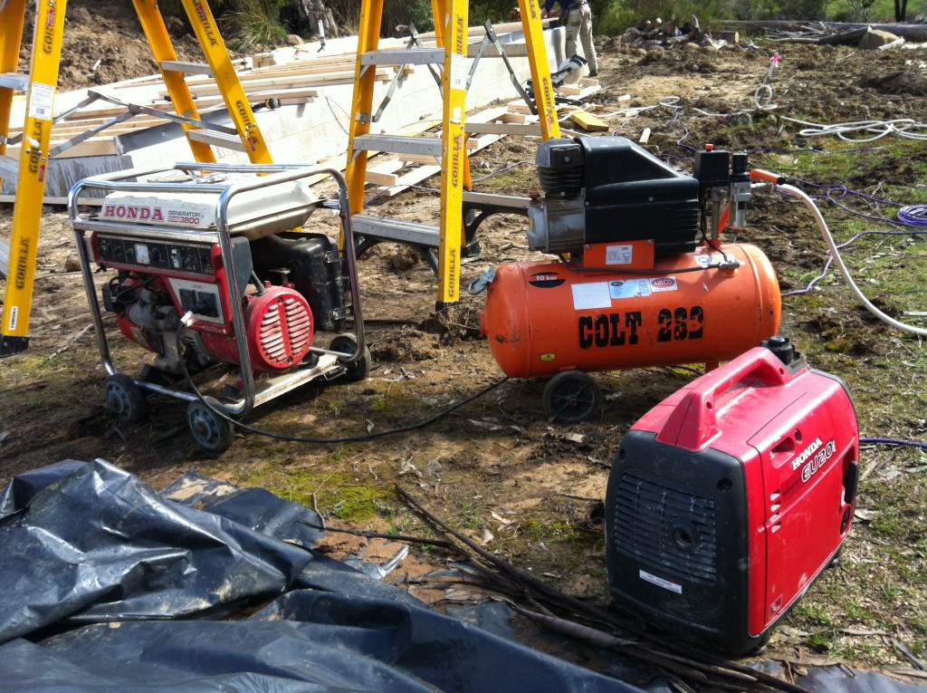 There was still no power connection so we used two generators for all of the power tools and air compressor to power the nail gun