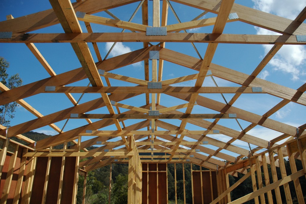 Roof trusses and bracing in place