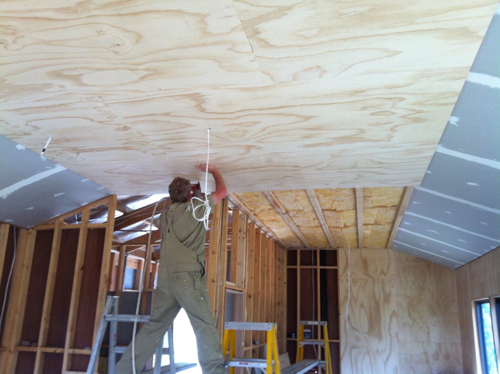 Gun control: Greg using the nail gun to fix the plywood sheets in place