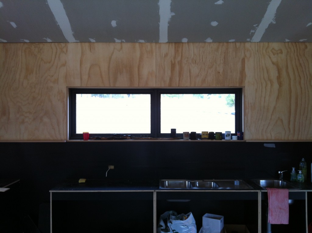 Contrast: the black kitchen and light ply walls